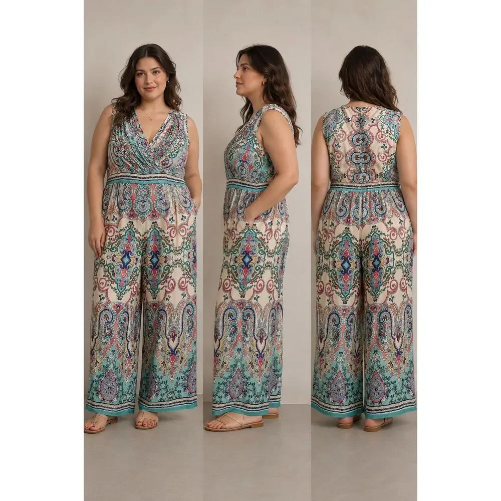 Luxury Boutique Boho Paisley Print Wide Leg Jumpsuit 4XL Sleeveless V-Neck